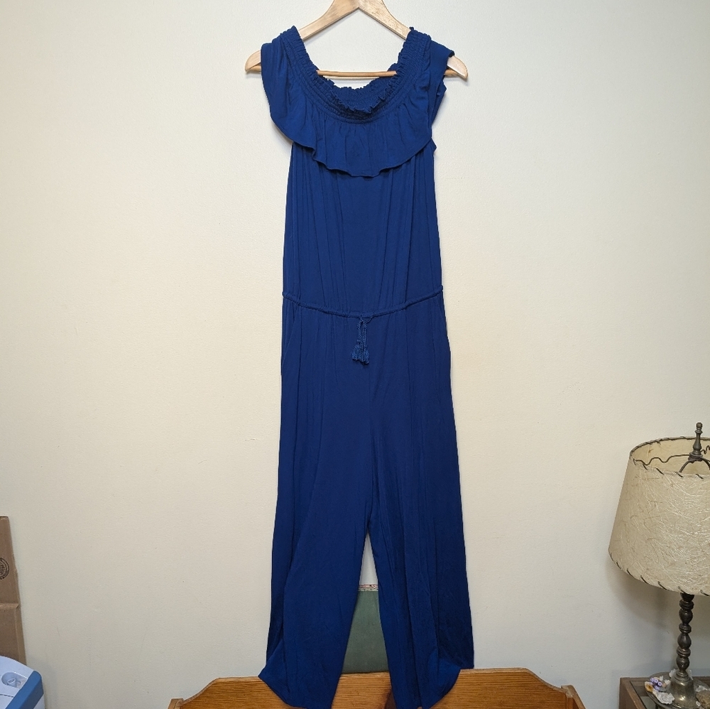 Lauren Ralph Lauren Navy Blue Off Shoulder Ruffle Wide Leg Jumpsuit Size L